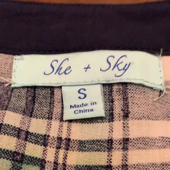 She + Sky green and navy plaid sleeveless top. Size S. Length 27” - Picture 5 of 5